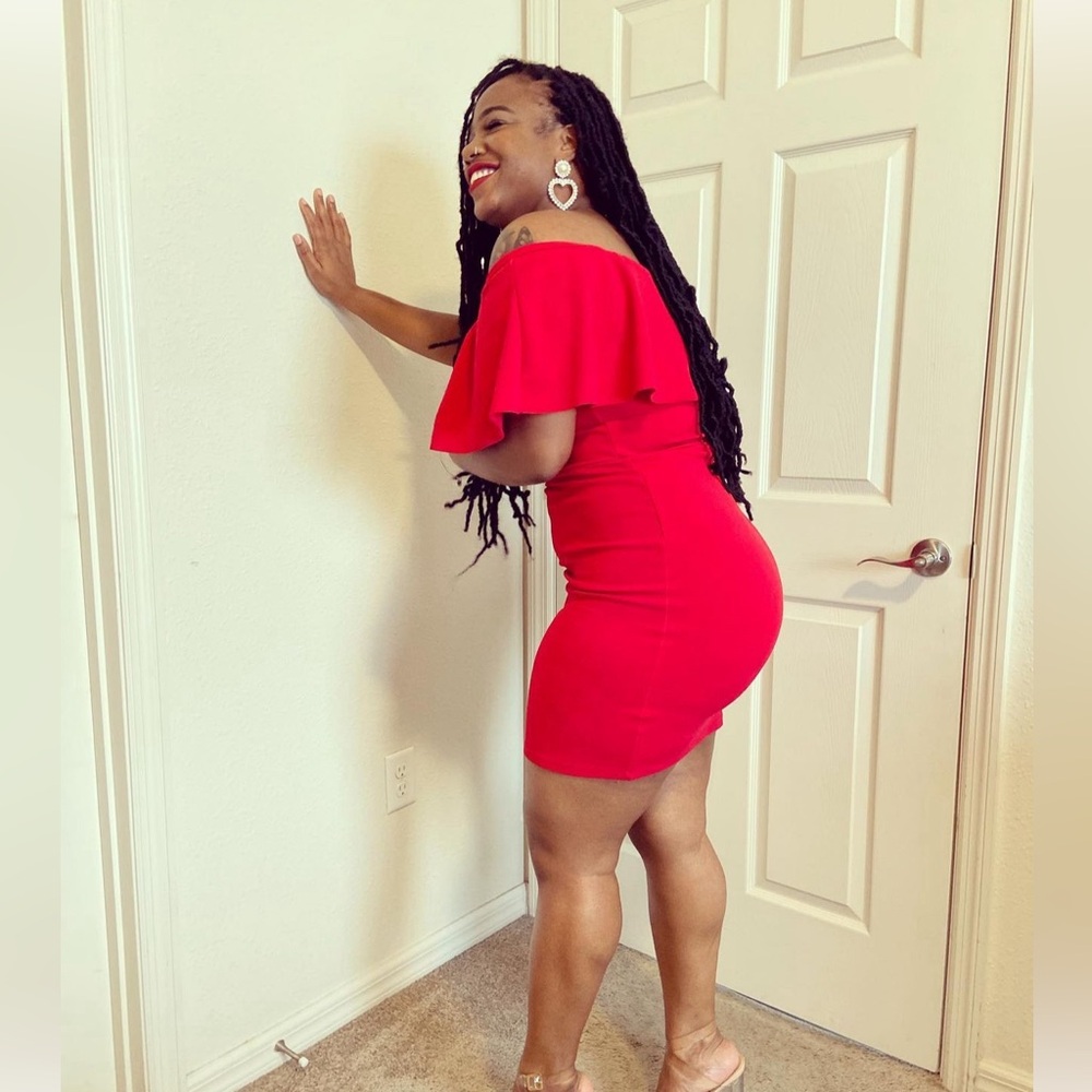 off  the shoulder mid red dress.